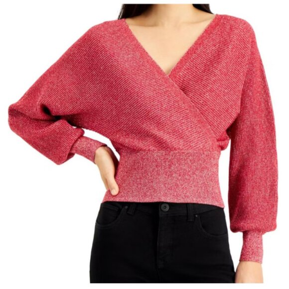 INC International Concepts Red Metallic Surplice Wrap Blouse Size Large - Picture 1 of 9
